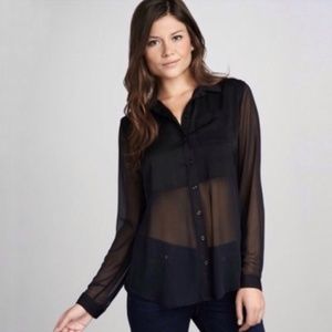 Free People Long Sleeve Half Sheer Button Down Blouse